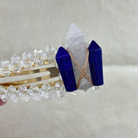 Clear quartz and lapis lazuli hair clip - Picture 2 of 2